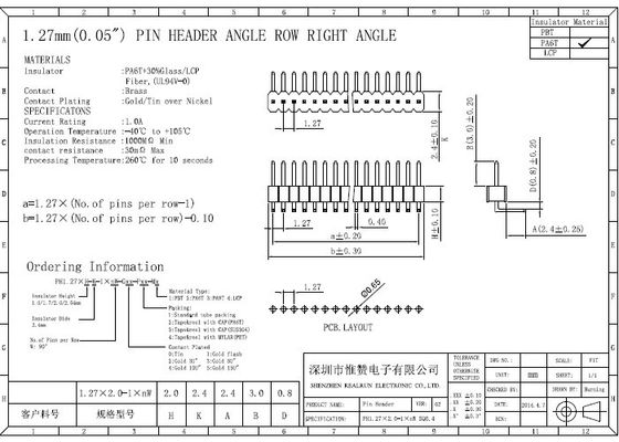 Connecteur simple à angle droit PA6T d'en-tête de rangée d'UL94V-0 1.27mm