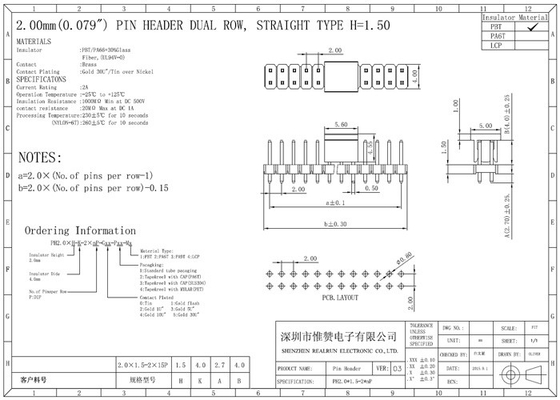 Double couche Pin Header Connector DC500V SMT horizontal PA6T